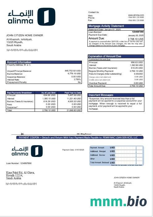 Arabia Saudyjska Alinma Bank wyciąg z kredytu hipotecznego w formatach Word i PDF